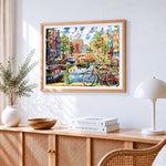 Amsterdam canal and bicycle cross stitch artwork displayed on wall as home decor