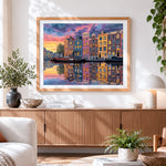 Finished amsterdam canal and houses cross stitch artwork displayed