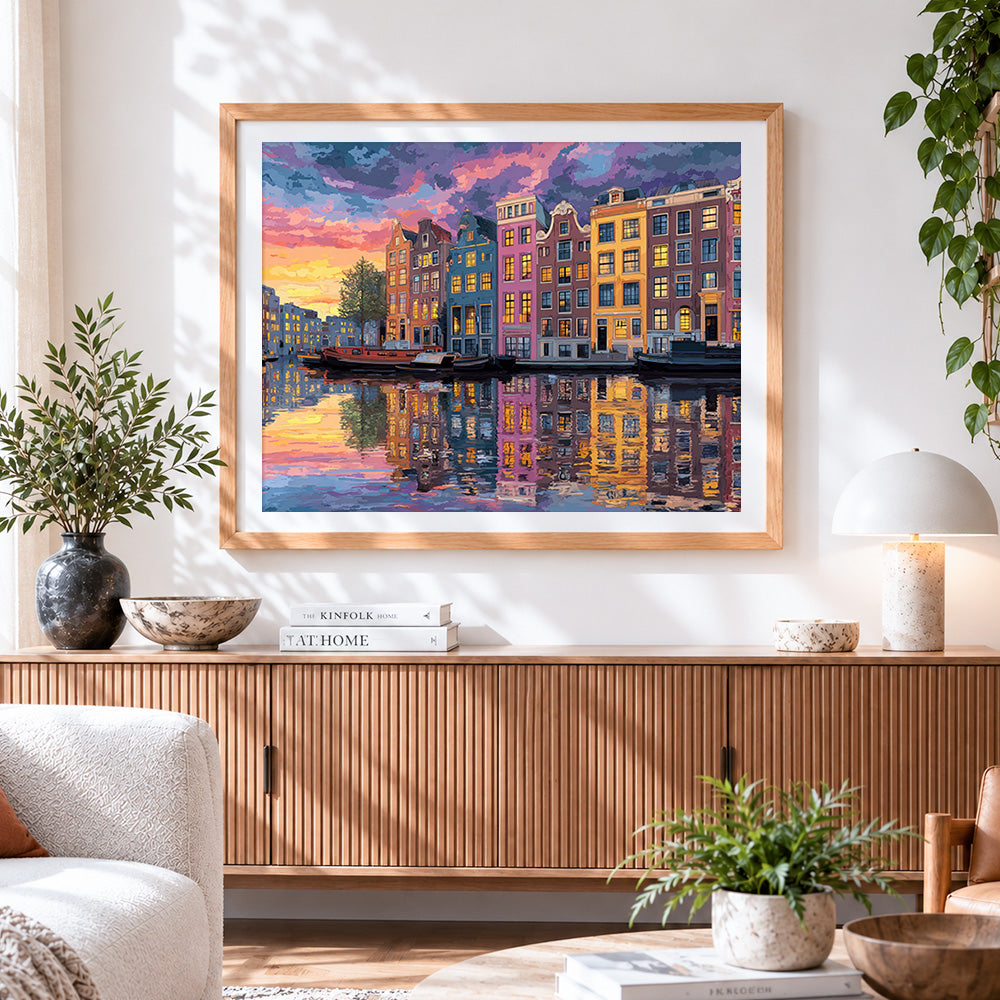 Finished amsterdam canal and houses cross stitch artwork displayed