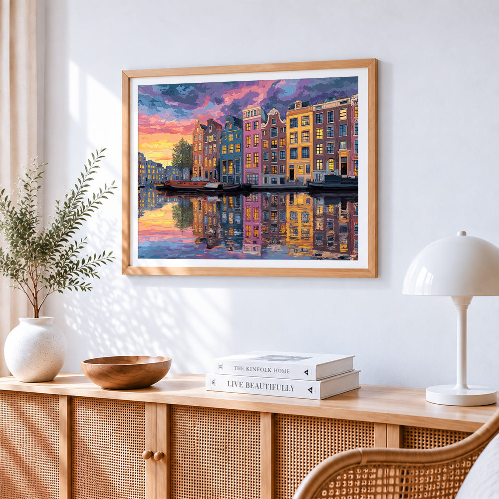 Amsterdam canal and houses cross stitch artwork displayed on wall as home decor