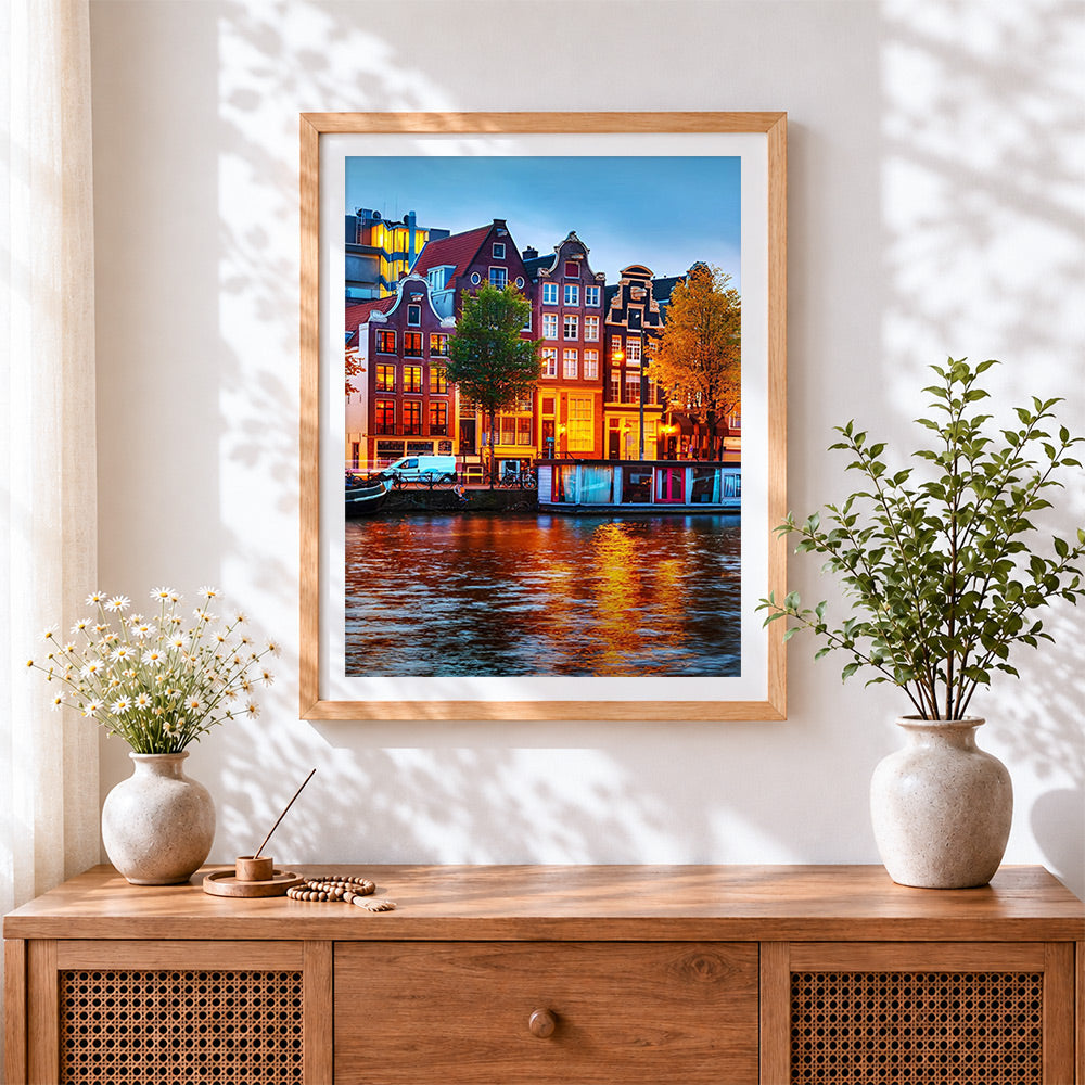 Finished amsterdam canal at night cross stitch artwork displayed