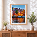 Finished amsterdam canal at night cross stitch artwork displayed