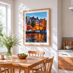 Amsterdam canal at night cross stitch artwork displayed on wall as home decor