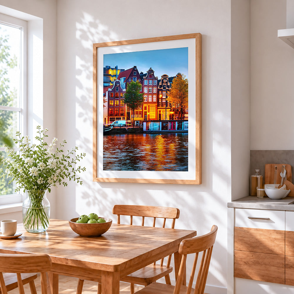 Amsterdam canal at night cross stitch artwork displayed on wall as home decor