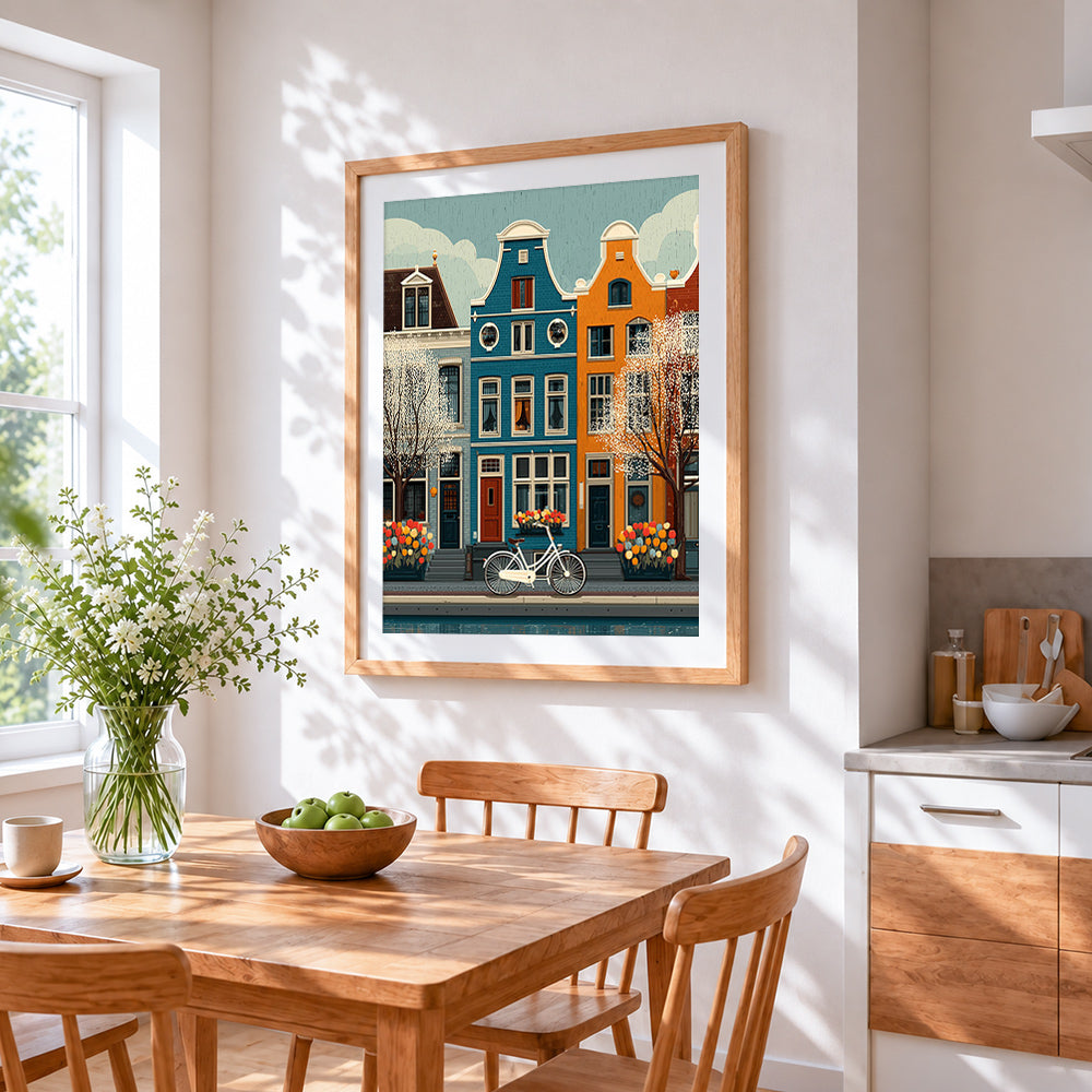 Amsterdam canal houses and bicycle cross stitch artwork displayed on wall as home decor