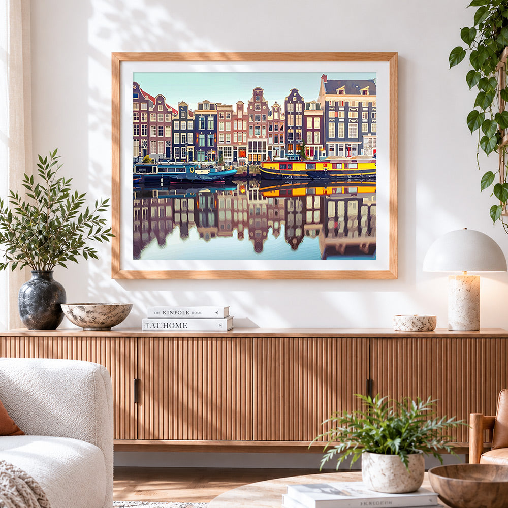 Finished amsterdam canal houses and boats paint by numbers artwork displayed as home decor
