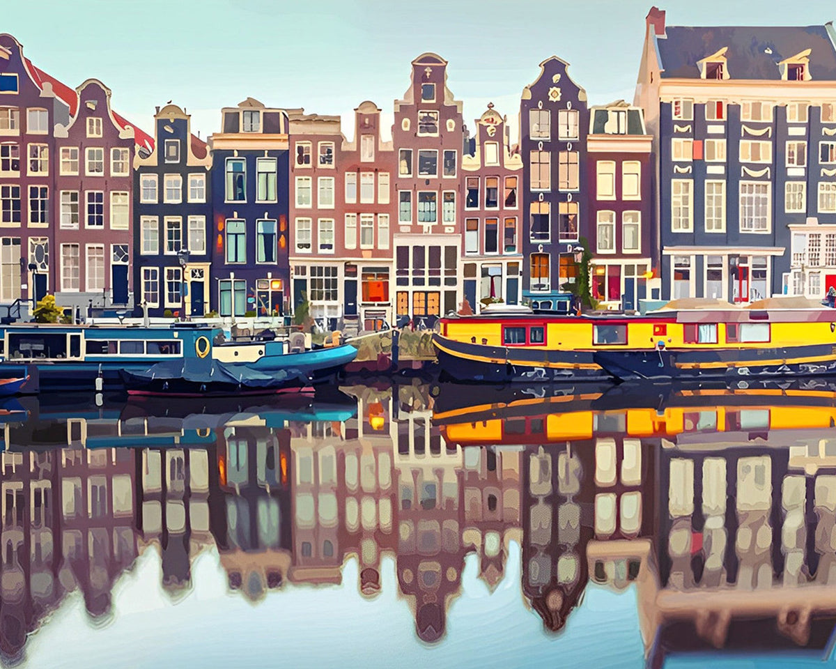 Amsterdam canal houses and boats paint by numbers kit for beginners