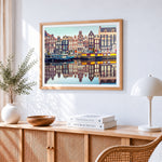 Amsterdam canal houses and boats paint by numbers artwork displayed on wall as home decor