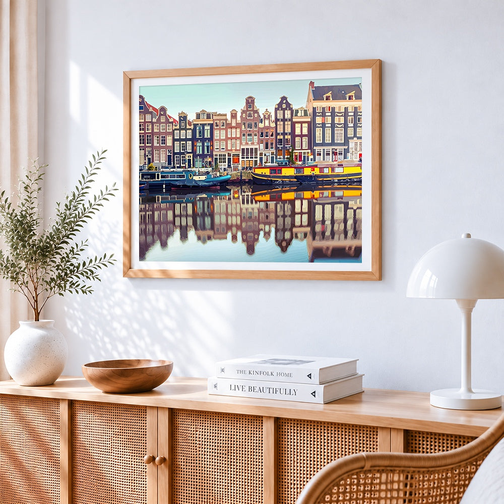 Amsterdam canal houses and boats paint by numbers artwork displayed on wall as home decor