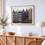 Amsterdam canal houses cross stitch artwork displayed on wall as home decor