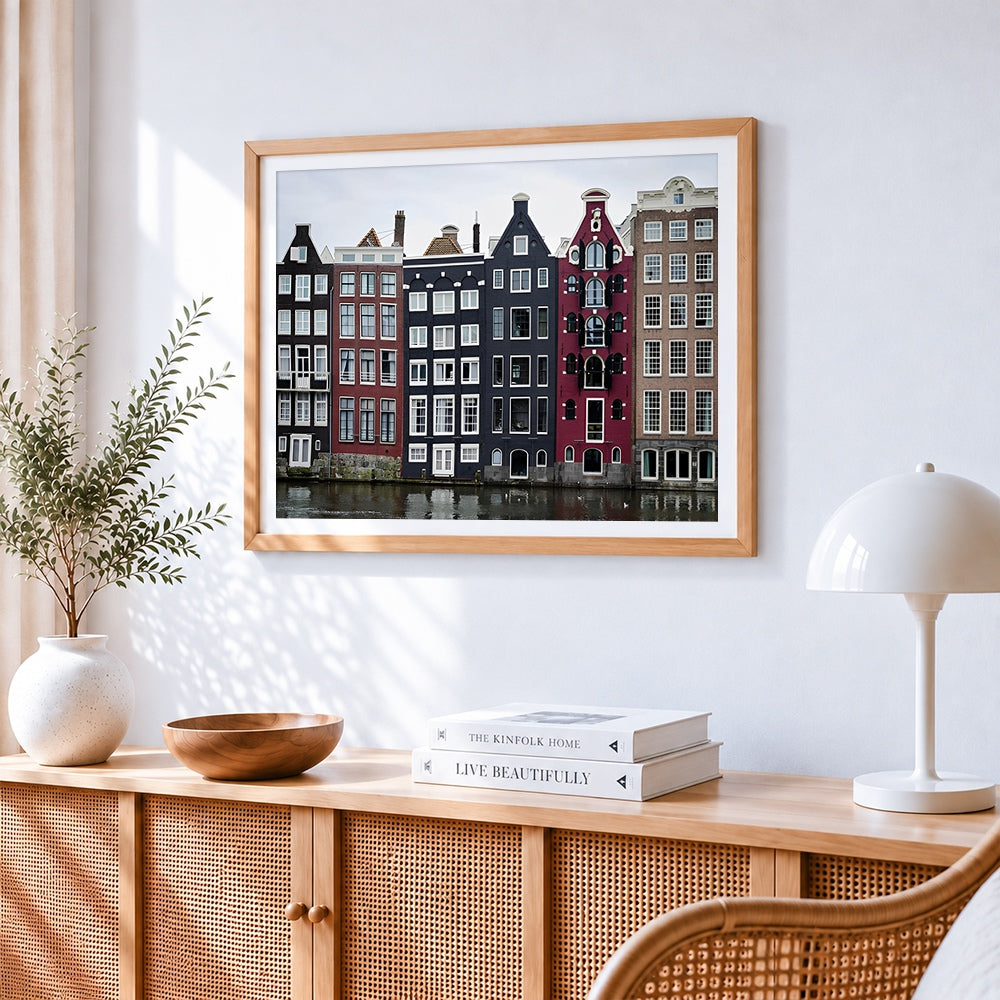 Amsterdam canal houses cross stitch artwork displayed on wall as home decor