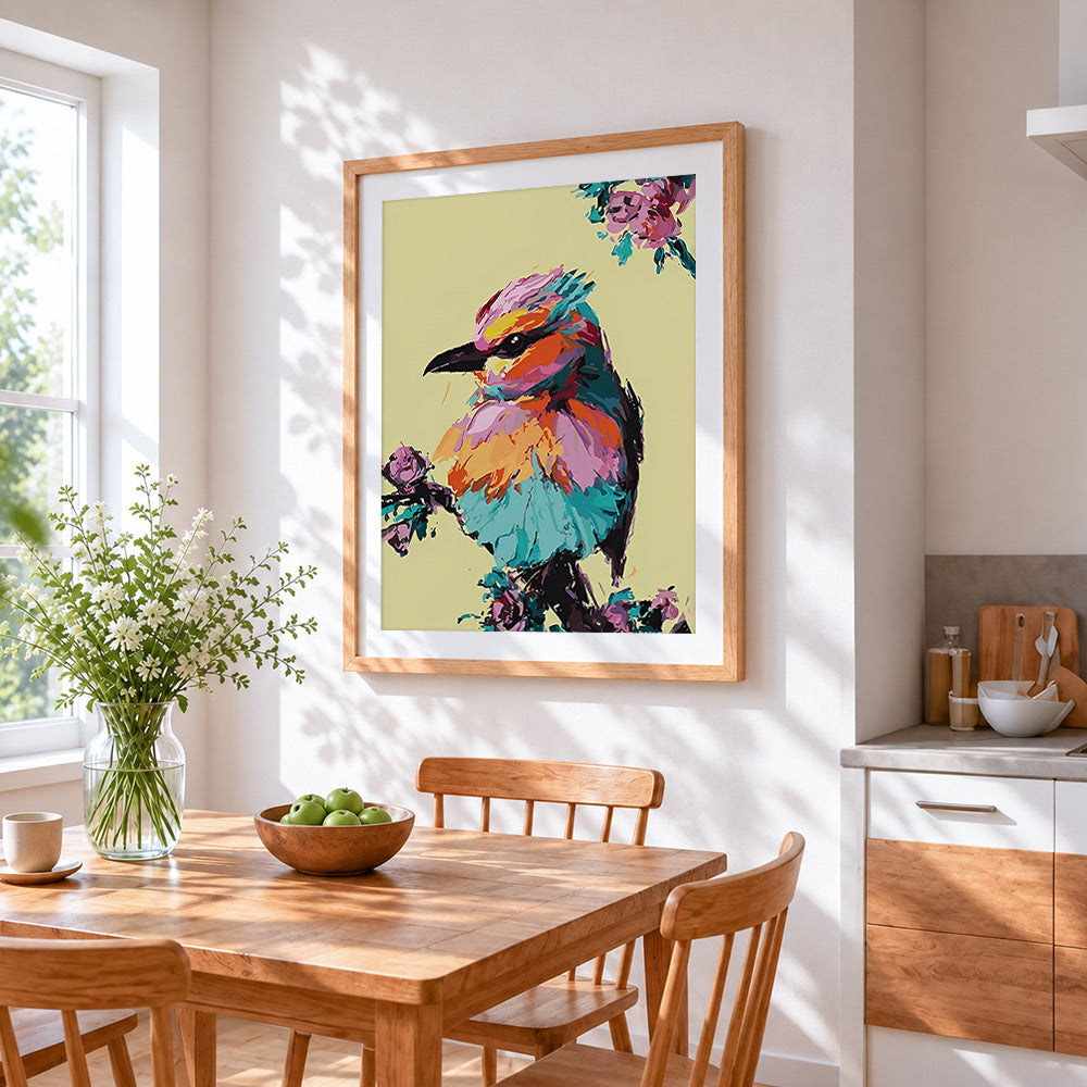 An impasto kingfisher cross stitch artwork displayed on wall as home decor