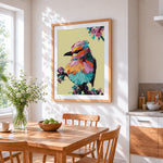 An impasto kingfisher cross stitch artwork displayed on wall as home decor