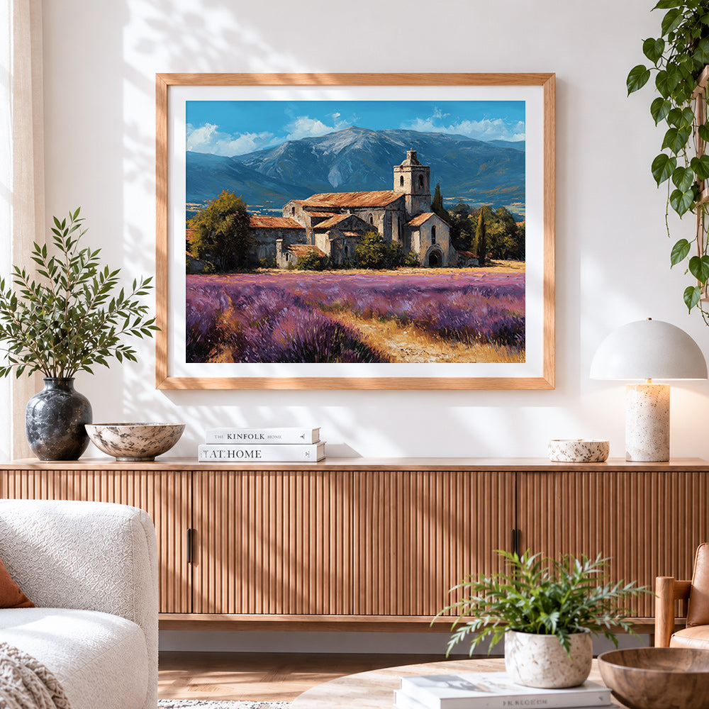 Finished ancient monastery in a lavender field cross stitch artwork displayed