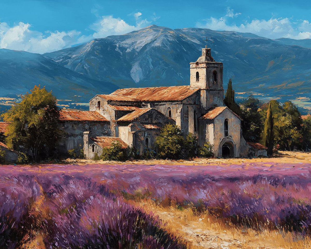 Ancient monastery in a lavender field cross stitch kit for beginners