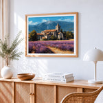 Ancient monastery in a lavender field cross stitch artwork displayed on wall as home decor