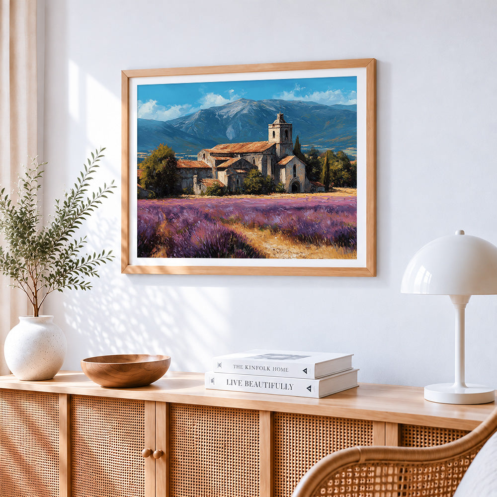Ancient monastery in a lavender field paint by numbers artwork displayed on wall as home decor