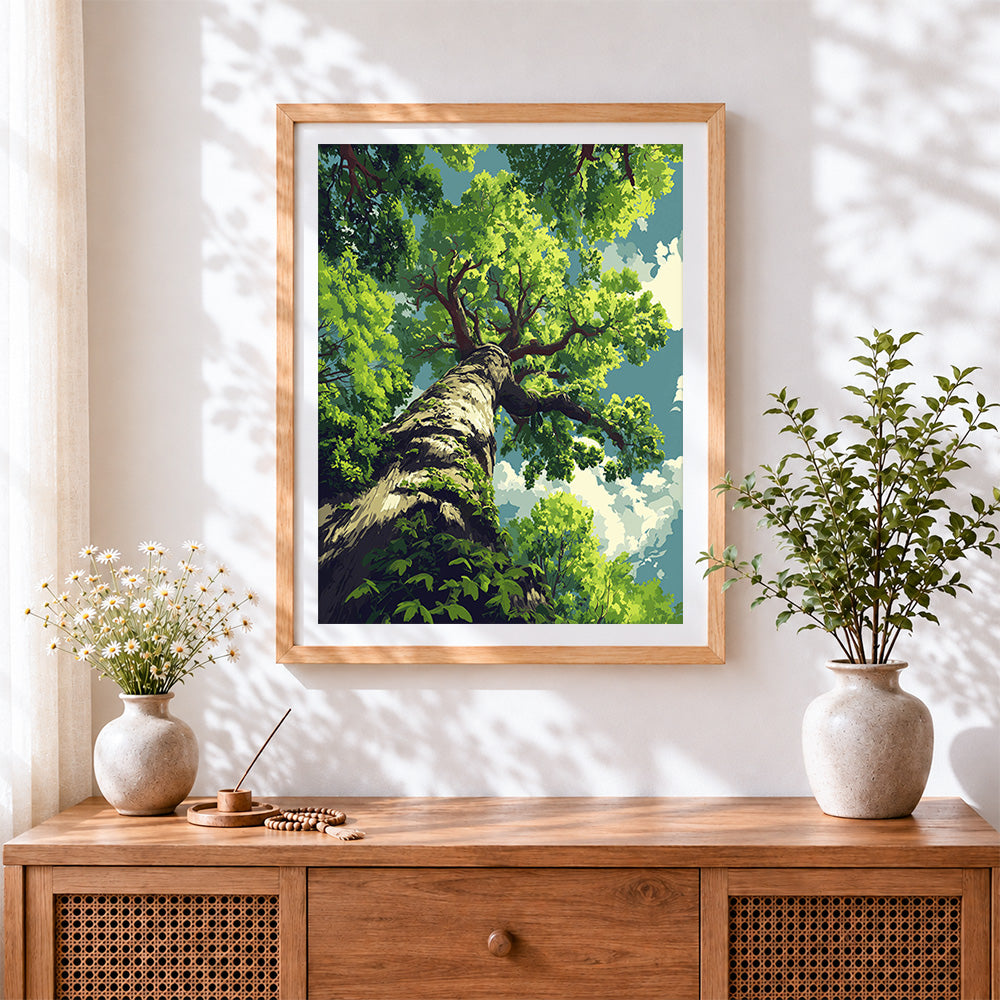 Finished ancient tree canopy cross stitch artwork displayed