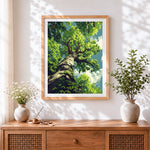Finished ancient tree canopy cross stitch artwork displayed
