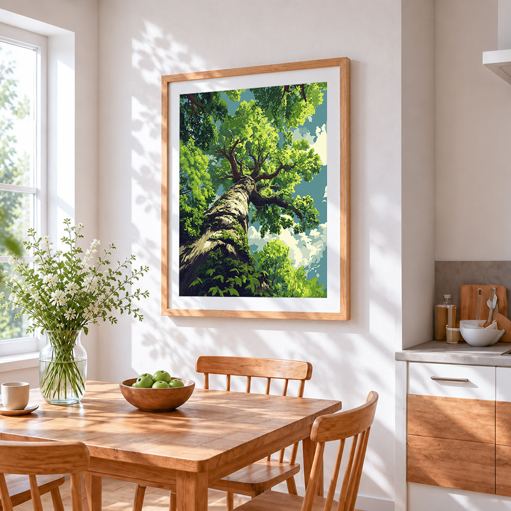 Ancient tree canopy cross stitch artwork displayed on wall as home decor