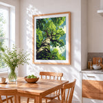Ancient tree canopy cross stitch artwork displayed on wall as home decor