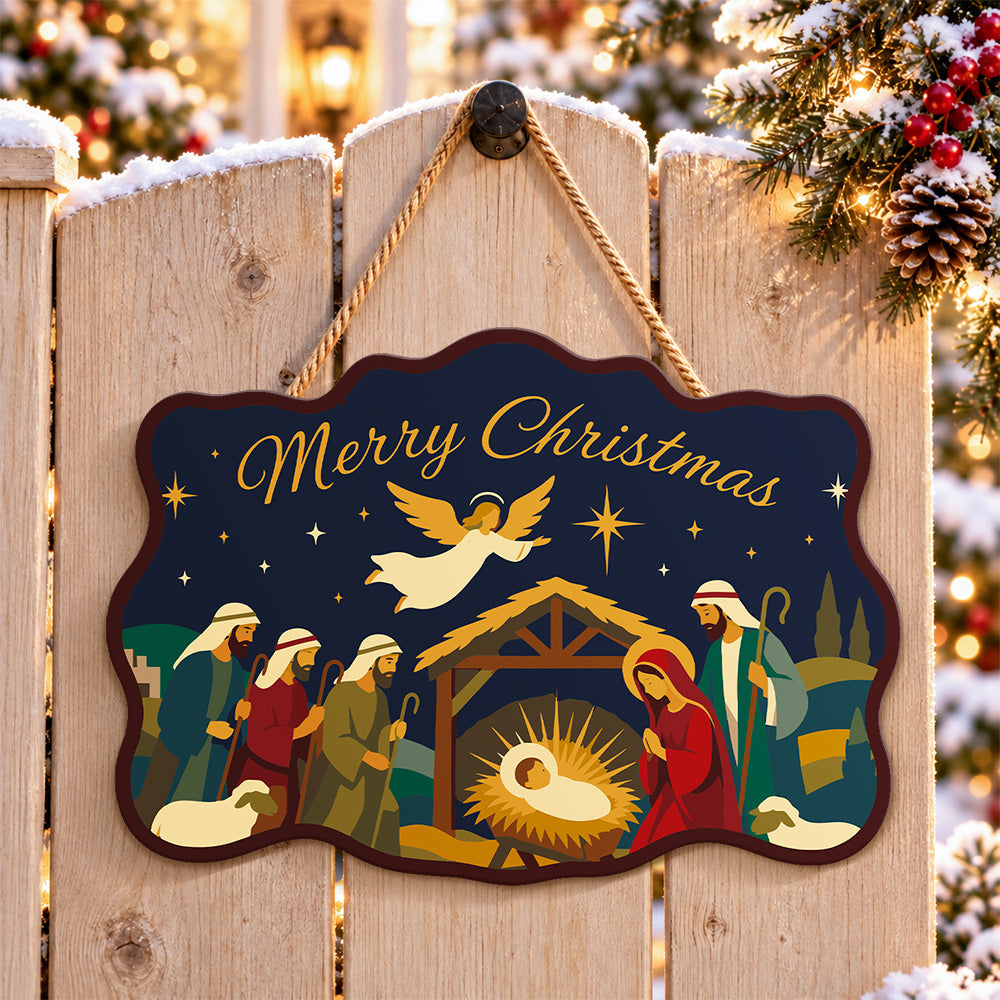 Angel and shepherds nativity paint by numbers door hanger on a garden gate