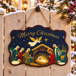 Angel and shepherds nativity paint by numbers door hanger on a garden gate