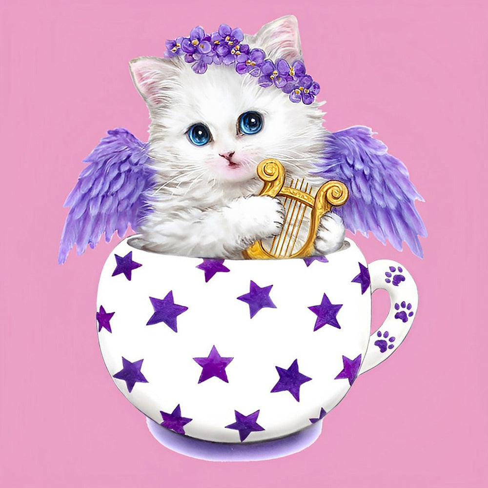 Angel cat with wings and harp cross stitch kit for beginners