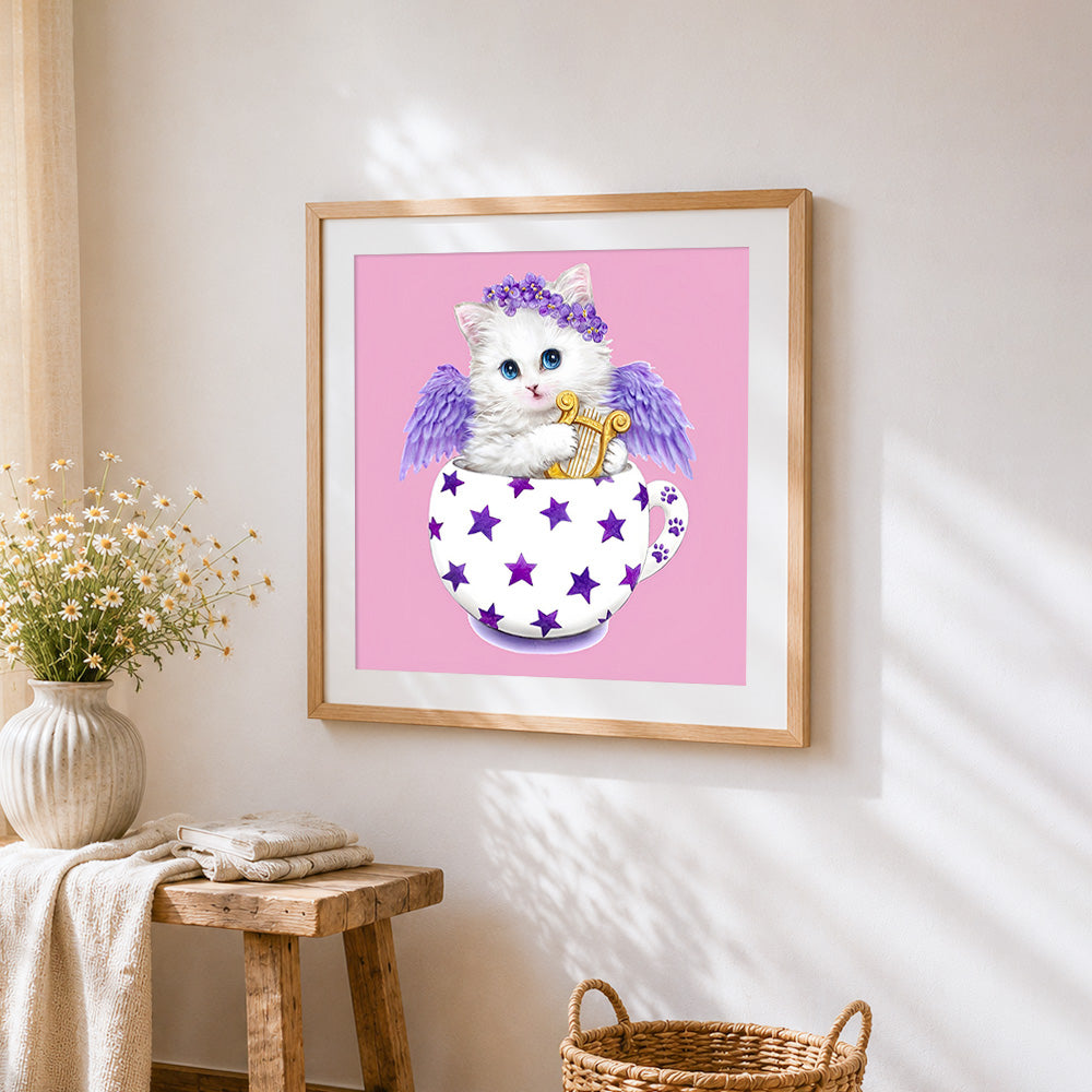 Angel cat with wings and harp cross stitch artwork displayed on wall as home decor