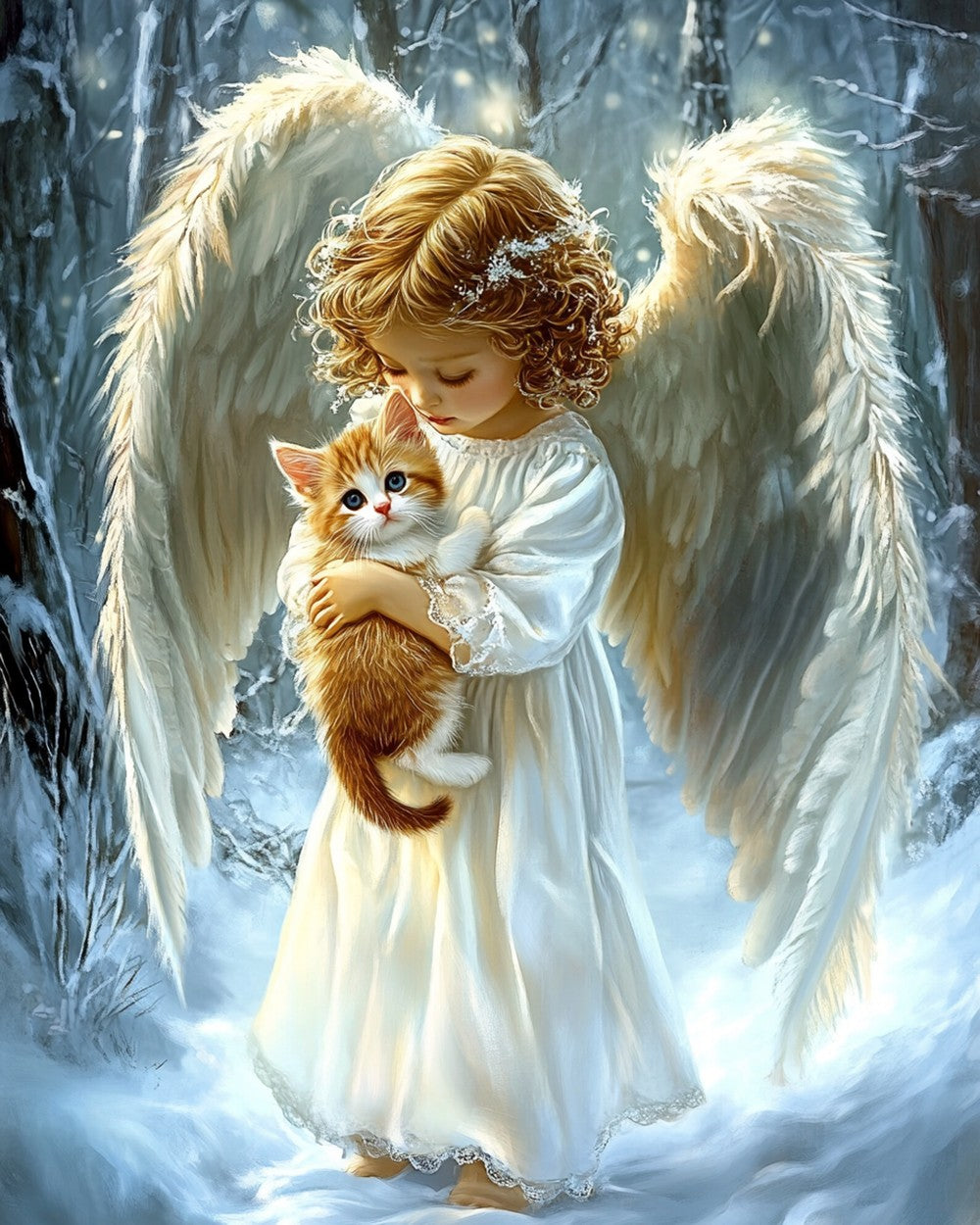 Angel holding a kitten in the snow cross stitch kit for beginners