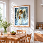 Angel holding a kitten in the snow cross stitch artwork displayed on wall as home decor