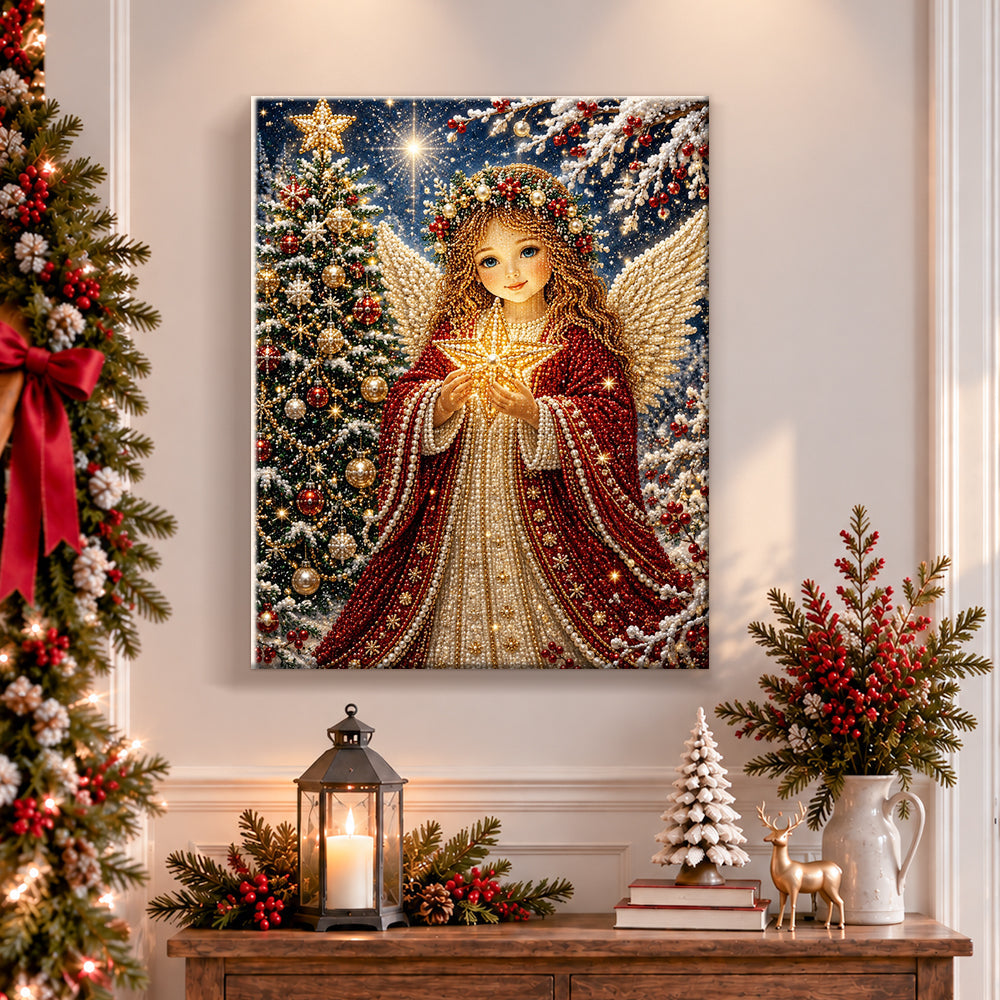 Finished angel with glowing star pearl diamond painting artwork displayed as holiday home decor