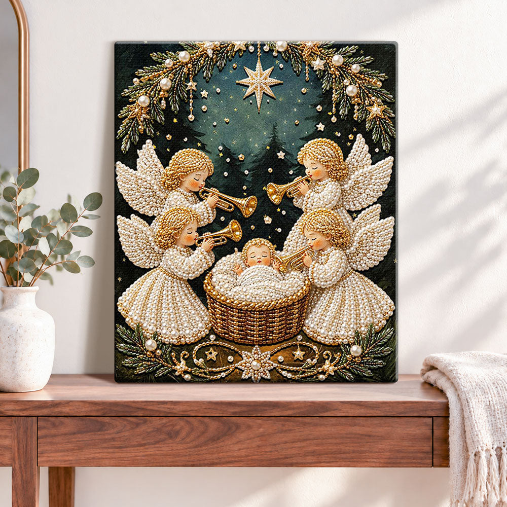 Finished angels greet holy infant pearl diamond painting artwork displayed as home decor