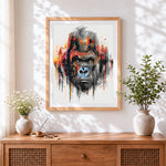 Finished angry colourful splatter gorilla cross stitch artwork displayed