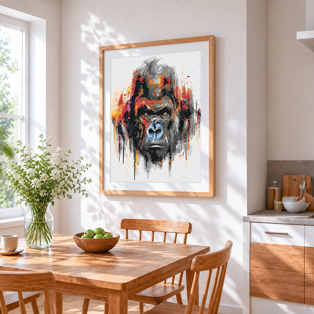 Angry colourful splatter gorilla cross stitch artwork displayed on wall as home decor