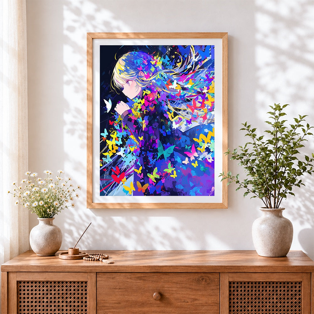 Finished anime figure with colourful butterflies cross stitch artwork displayed