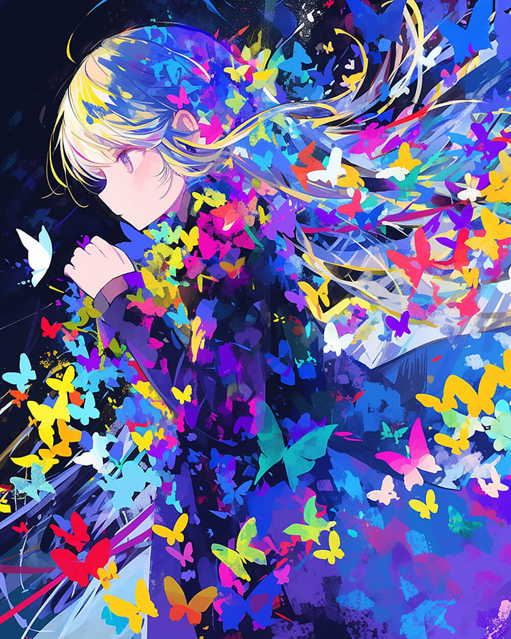 Anime figure with colourful butterflies cross stitch kit for beginners