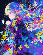 Anime figure with colourful butterflies cross stitch kit for beginners