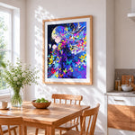 Anime figure with colourful butterflies cross stitch artwork displayed on wall as home decor