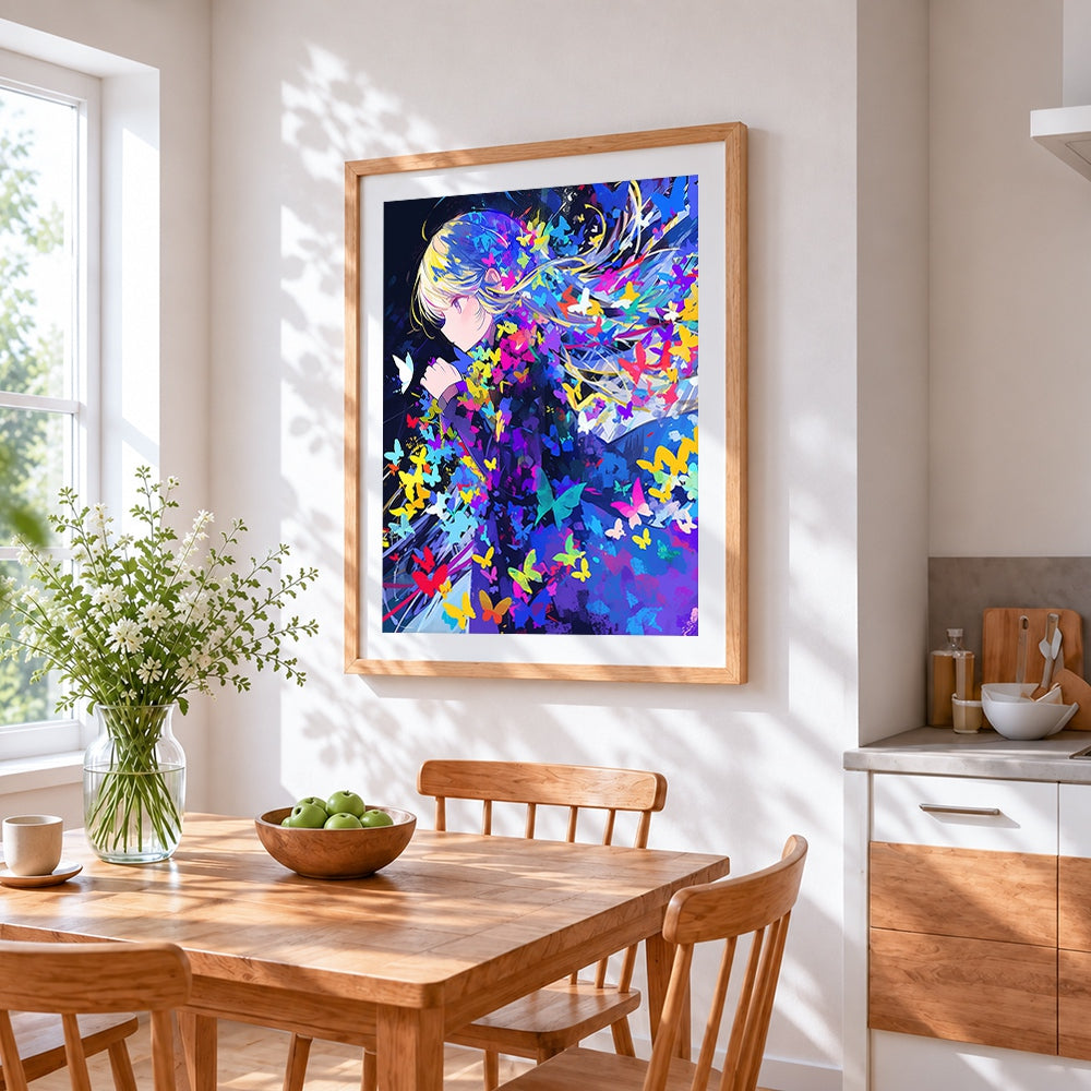 Anime figure with colourful butterflies cross stitch artwork displayed on wall as home decor