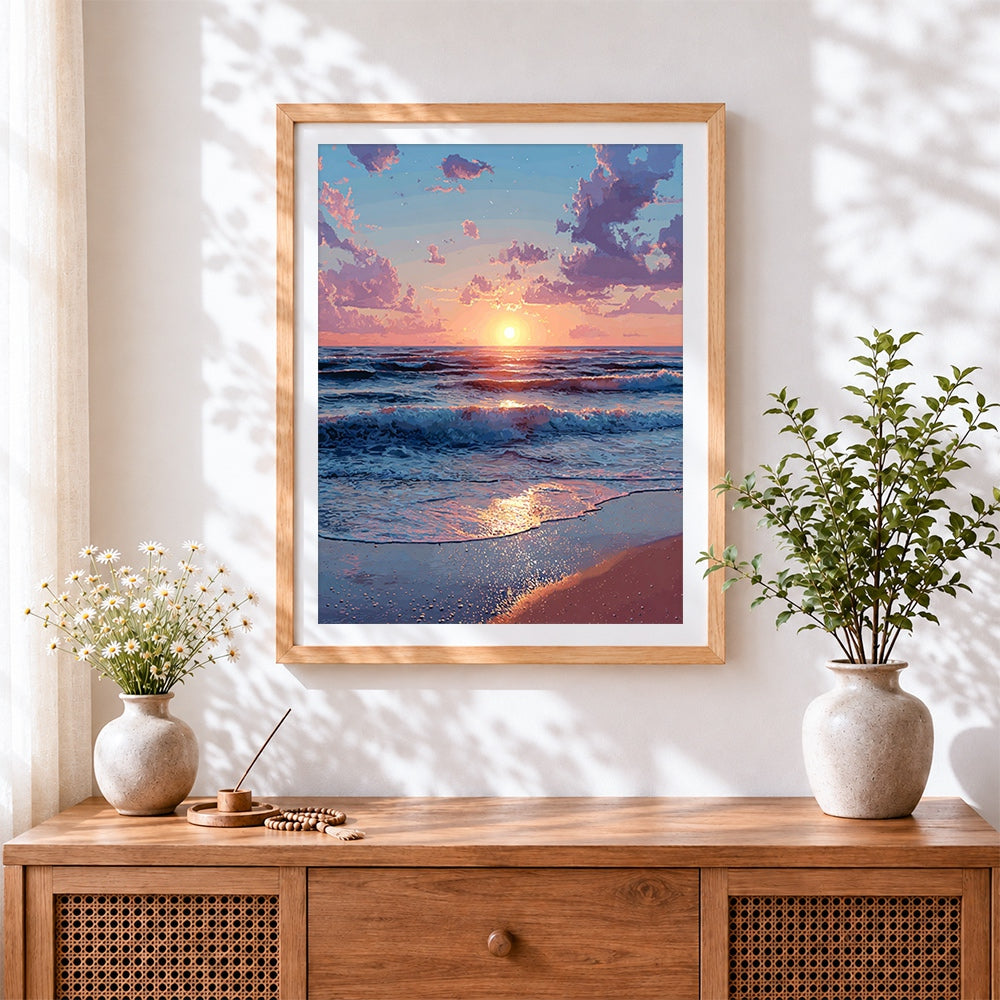 Finished anime style ocean sunset cross stitch artwork displayed