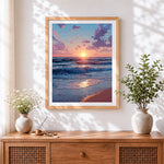Finished anime style ocean sunset cross stitch artwork displayed