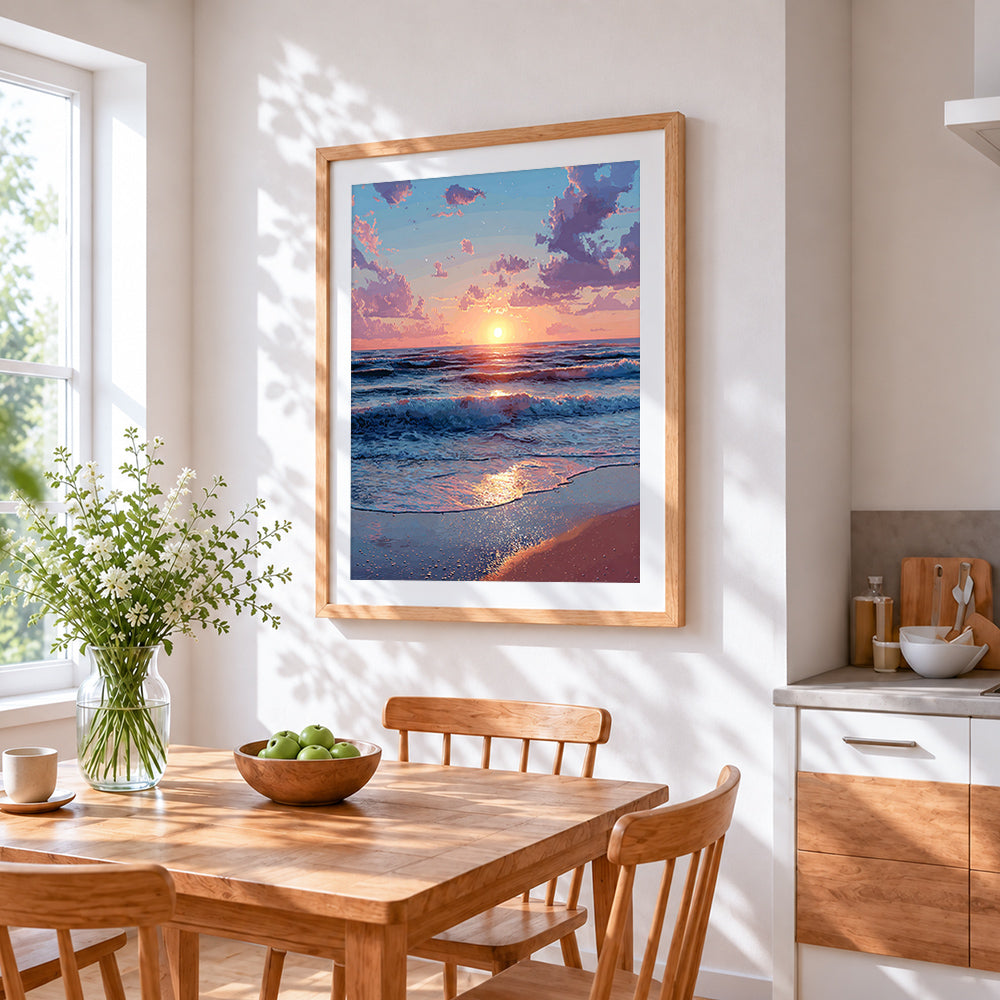 Anime style ocean sunset cross stitch artwork displayed on wall as home decor