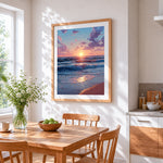 Anime style ocean sunset cross stitch artwork displayed on wall as home decor