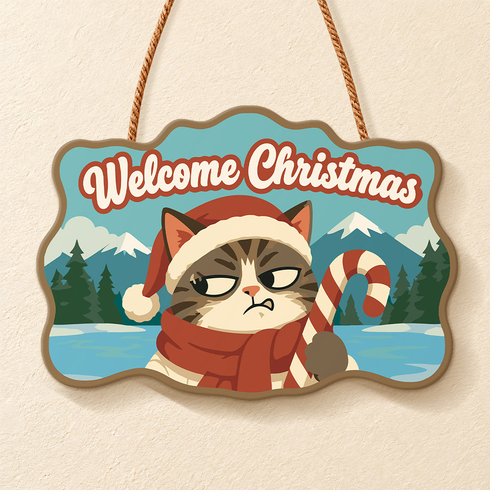 Annoyed cat with candy cane paint by numbers door hanger finished design