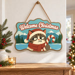 Annoyed cat with candy cane paint by numbers door hanger as indoor wall decor