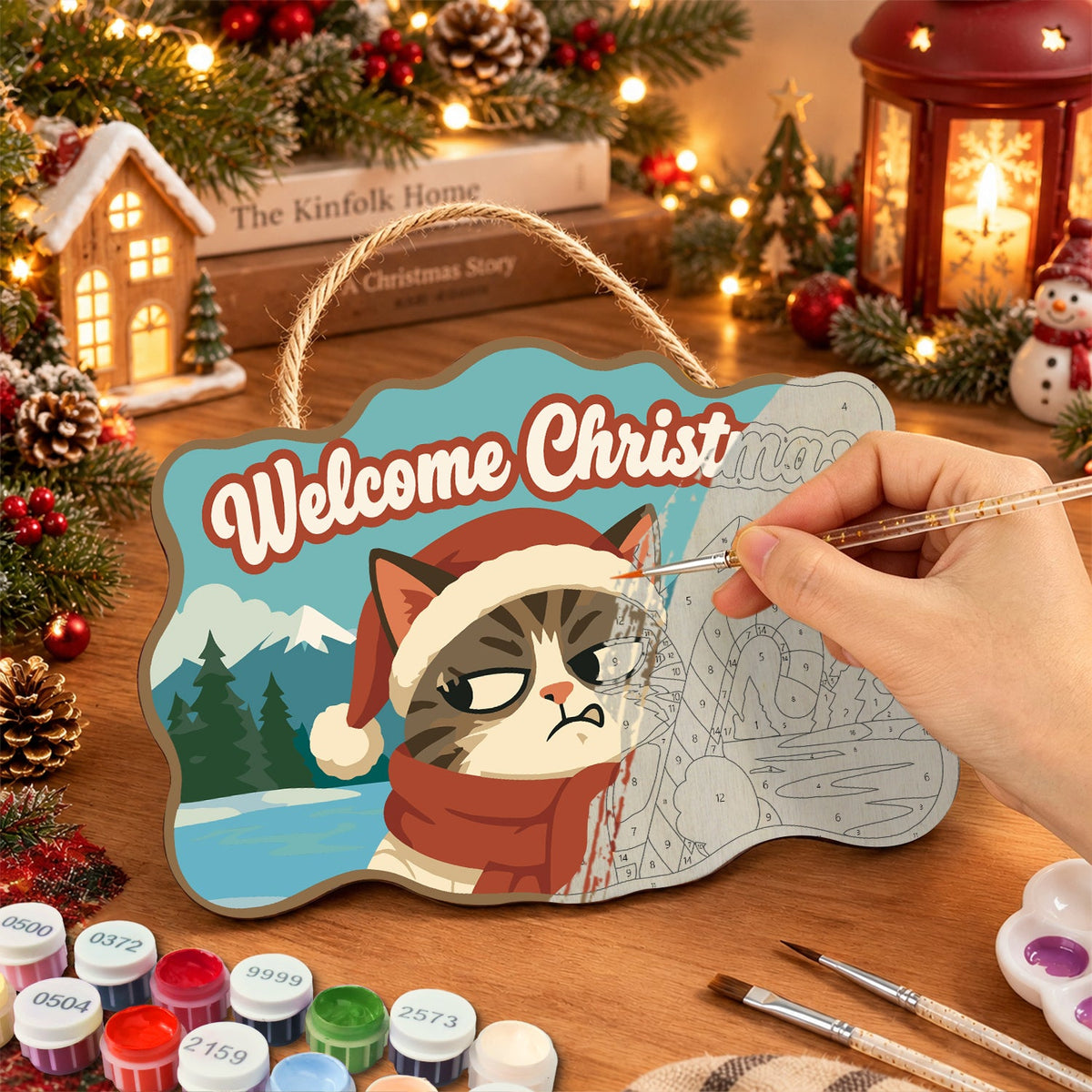 Annoyed cat with candy cane paint by numbers door hanger painting process