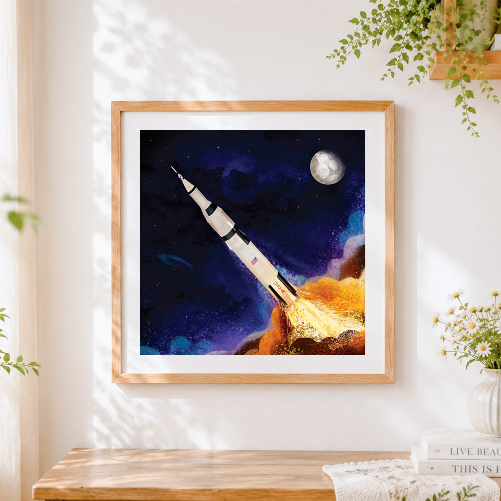Finished apollo saturn v rocket launch cross stitch artwork displayed