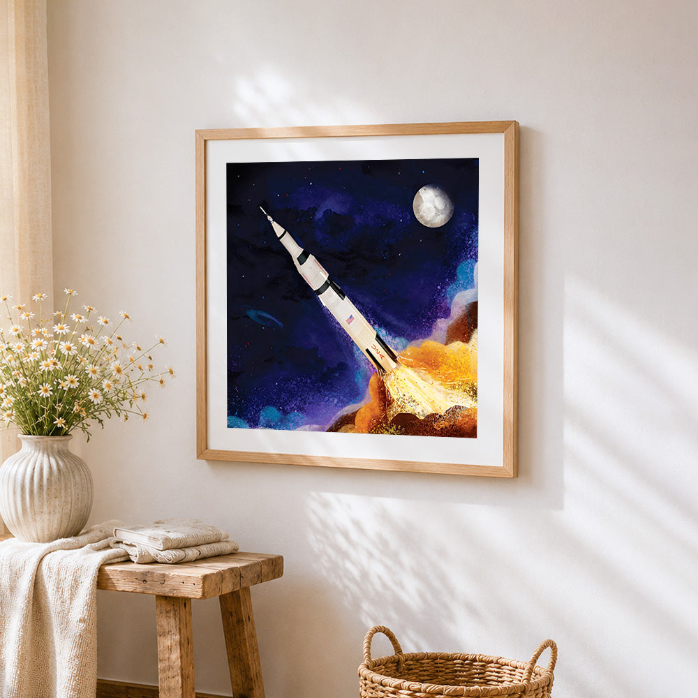 Apollo saturn v rocket launch cross stitch artwork displayed on wall as home decor