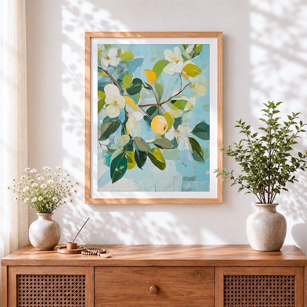 Finished apple blossom branches cross stitch artwork displayed